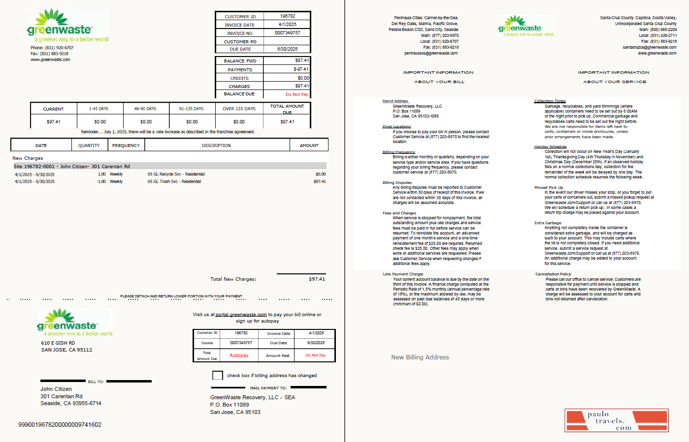 USA Green Waste utility bill template in Word and PDF formats, 2 pages